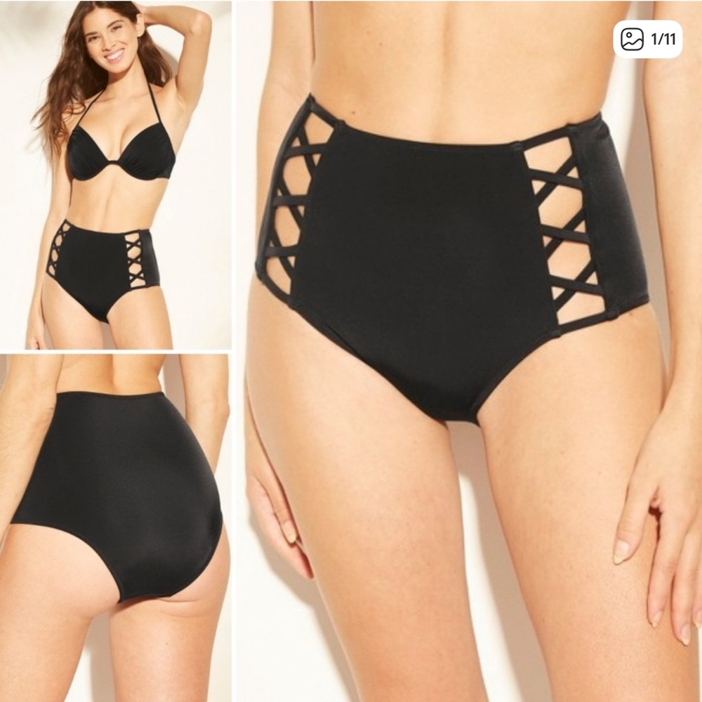 Shade & Shore Black Crisscross Cutout High Waist Swim Bottom